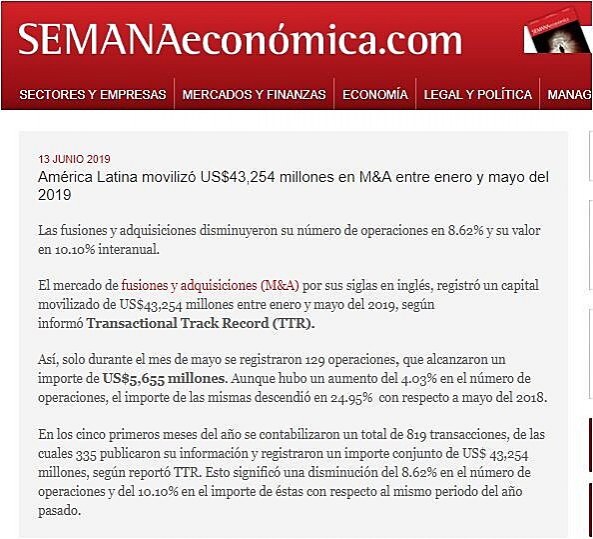 Amrica Latina moviliz US$43,254 millones en M&A entre enero y mayo del 2019